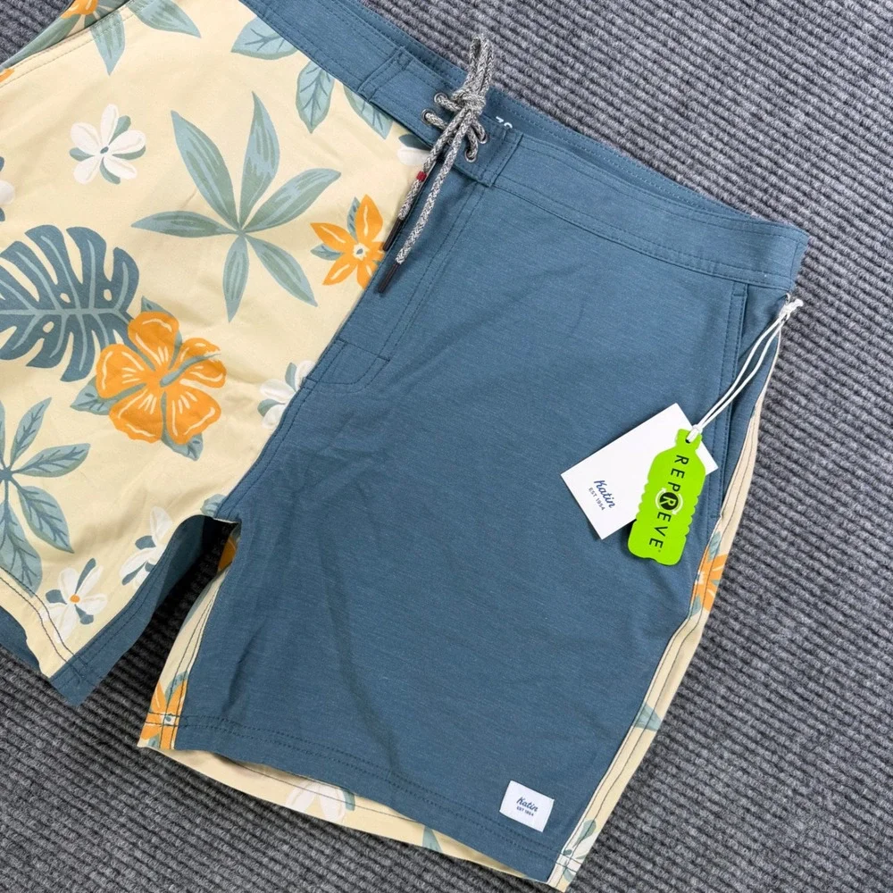NEW Katin Cruz Hybrid Trunk Board Shorts Mens 38 Slate Blue Tropical Floral
